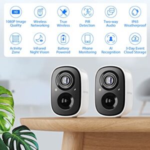 Outdoor Security Camera, 1080P HD Wireless Outdoor Camera with Night Vision, AI & PIR Motion Detection, IP65 Weatherproof, 2-Way Audio, Battery Powered Security Cameras Wireless Outdoor -2 Cameras Kit