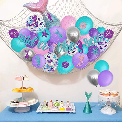 Under The Sea Mermaid Party Balloons Banner Net Backdrop Kit Girls Birthday Backyard Fence Decoration Mermaid Tail Ocean Theme Scene Photography Background Ideas Supplies