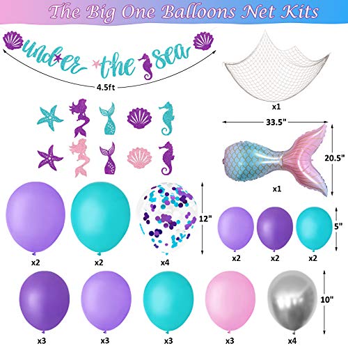 Under The Sea Mermaid Party Balloons Banner Net Backdrop Kit Girls Birthday Backyard Fence Decoration Mermaid Tail Ocean Theme Scene Photography Background Ideas Supplies