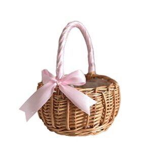 wicker rattan flower basket, wedding flower girl baskets, willow handwoven basket with handles and plastic insert, woven eggs candy basket for garden decor, pink, l (210209ht07-4-10031-1949296911)