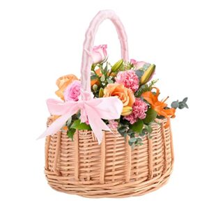 Wicker Rattan Flower Basket, Wedding Flower Girl Baskets, Willow Handwoven Basket with Handles and Plastic Insert, Woven Eggs Candy Basket for Garden Decor, Pink, L (210209HT07-4-10031-1949296911)