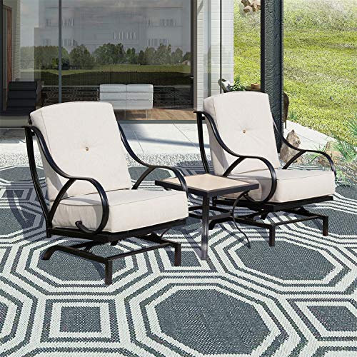 Top Space Patio Bistro Set Conversation Set Outdoor Metal Furniture Rocking Motion Chairs with Cushions and Square Coffee Table for Garden Balcony Lawn (3PCS, White)