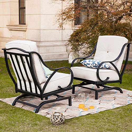 Top Space Patio Bistro Set Conversation Set Outdoor Metal Furniture Rocking Motion Chairs with Cushions and Square Coffee Table for Garden Balcony Lawn (3PCS, White)