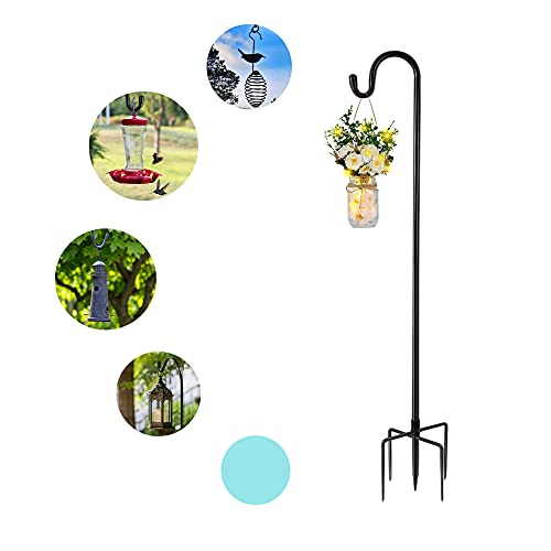 JIER Outdoor Shepherds Hook with 5 Prongs Base,65 Inch Sturdy Hummingbird Feeder Stand, Adjustable Heavy Duty Garden Hanger Hook for Hanging Flower Basket, Solar Light, and Wedding Decor