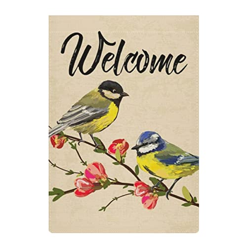 Garden Flag Birds Welcome Spring Floral Flowers Summer Vintage House Flags Hello Welcome Home Yard Banner for Outside Flower Pot Double Side Print 12 x 18 Inch Burlap Linen