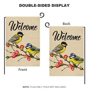 Garden Flag Birds Welcome Spring Floral Flowers Summer Vintage House Flags Hello Welcome Home Yard Banner for Outside Flower Pot Double Side Print 12 x 18 Inch Burlap Linen