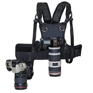 nicama dual shoulder camera strap for two-cameras, carrier chest harness vest with mounting hubs & backup safety straps for dslr canon 6d 5d2 5d3 nikon d800 d810 sony a7s sigma olympus