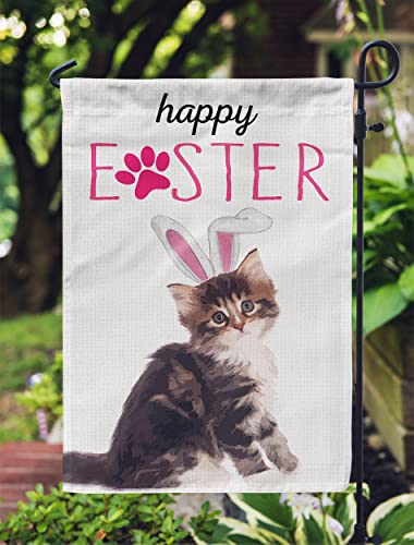 Happy Easter Garden Flags ,Cat with Rabbit Ear 12x18inch Burlap Double Sided for Outside Decoration