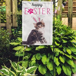 Happy Easter Garden Flags ,Cat with Rabbit Ear 12x18inch Burlap Double Sided for Outside Decoration