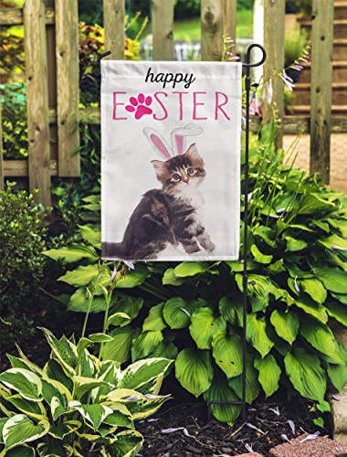 Happy Easter Garden Flags ,Cat with Rabbit Ear 12x18inch Burlap Double Sided for Outside Decoration