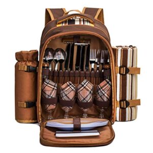 apollo walker picnic backpack bag for 4 person with cooler compartment,wine bag, picnic blanket(45″x53″),best for family and lovers gifts (brown)
