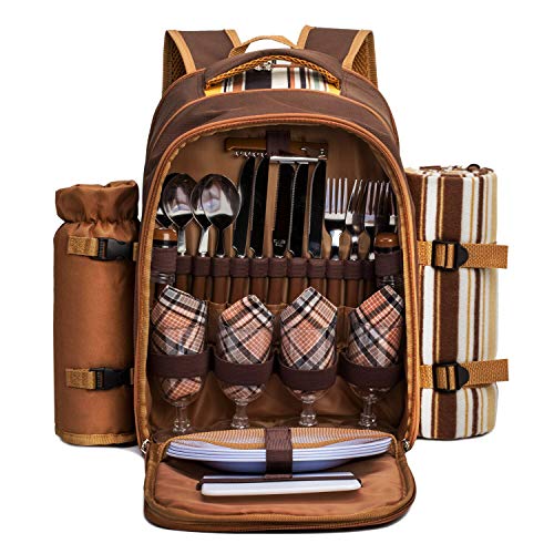 Apollo Walker Picnic Backpack Bag for 4 Person with Cooler Compartment,Wine Bag, Picnic Blanket(45"x53"),Best for Family and Lovers Gifts (Brown)