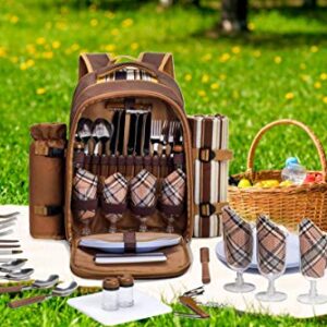 Apollo Walker Picnic Backpack Bag for 4 Person with Cooler Compartment,Wine Bag, Picnic Blanket(45"x53"),Best for Family and Lovers Gifts (Brown)