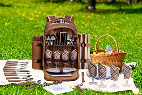 Apollo Walker Picnic Backpack Bag for 4 Person with Cooler Compartment,Wine Bag, Picnic Blanket(45"x53"),Best for Family and Lovers Gifts (Brown)