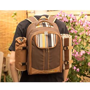 Apollo Walker Picnic Backpack Bag for 4 Person with Cooler Compartment,Wine Bag, Picnic Blanket(45"x53"),Best for Family and Lovers Gifts (Brown)