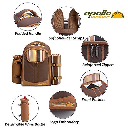 Apollo Walker Picnic Backpack Bag for 4 Person with Cooler Compartment,Wine Bag, Picnic Blanket(45"x53"),Best for Family and Lovers Gifts (Brown)