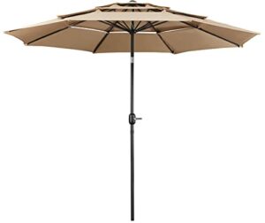 yaheetech 3-tier vented patio umbrella – 10ft outdoor market table umbrella w/double-layer cloth & large shade & push-button tilting for yard/garden/park/garden- tan