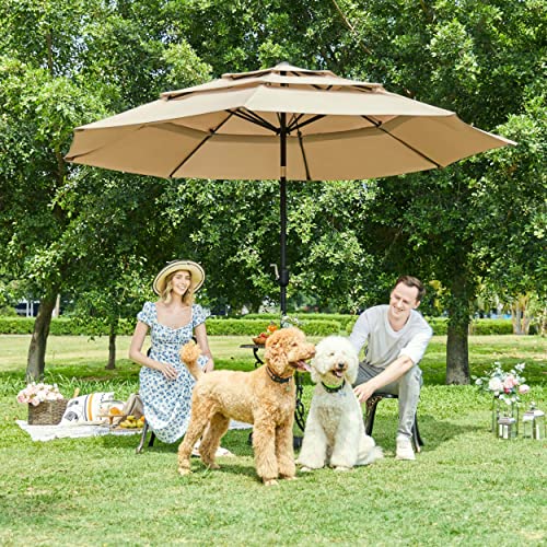 Yaheetech 3-Tier Vented Patio Umbrella - 10ft Outdoor Market Table Umbrella w/Double-layer Cloth & Large Shade & Push-button Tilting for Yard/Garden/Park/Garden- Tan