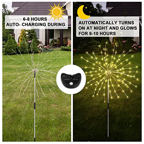 IEBIYO Outdoor Decorations Fireworks Lights for Garden, 4 Pack 120 LED Solar Powered Fireworks Lights, 8 Modes Copper Wire Waterproof Landscape Sparkles Light for Fence, Path, Wedding, Patio