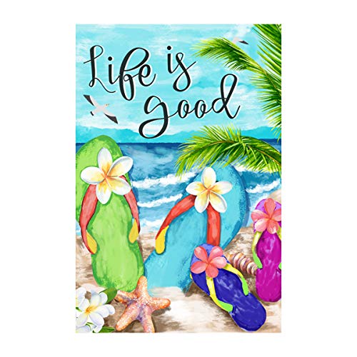 Morigins Flip Flops on Summer Beach Life is good Decorative Welcome Garden Flag 12.5X18 inch