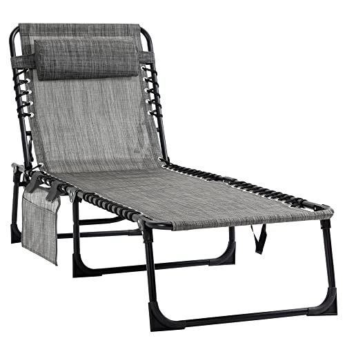 Outsunny Reclining Chaise Lounge Chair, Portable Sun Lounger, Folding Camping Cot, with Adjustable Backrest and Removable Pillow, for Patio, Garden, Beach, Grey