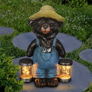 exhart garden sculpture, farmhouse black bear solar garden statue with glass jars, led firefly lights, outdoor garden decoration, 12.5 inch