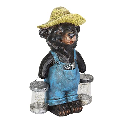 Exhart Garden Sculpture, Farmhouse Black Bear Solar Garden Statue with Glass Jars, LED Firefly Lights, Outdoor Garden Decoration, 12.5 Inch