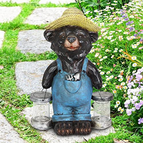 Exhart Garden Sculpture, Farmhouse Black Bear Solar Garden Statue with Glass Jars, LED Firefly Lights, Outdoor Garden Decoration, 12.5 Inch