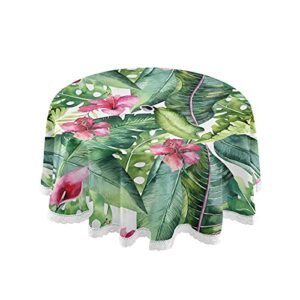 alaza round tablecloth with umbrella hole and zipper hawaii tropical palm leaves and hibiscus washable spillproof table cover for camping patio garden picnic party outdoor 60 inch