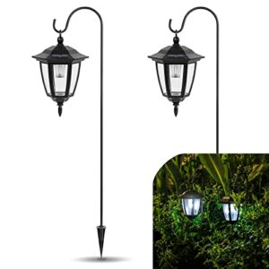 vioview hanging solar lights, 35 inch hanging solar lantern with 2 shepherd hooks waterproof dual use outdoor decor solar lights lantern for garden, patio, front porch, yard, flower bed, 2pack