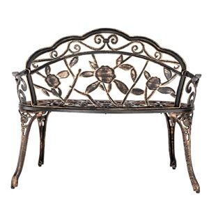 GOODSILO Outdoor Garden Bench Powder Coated Cast Aluminum Iron Patio Bench with Rose Backrest, Seat Surface, Legs for Porch Benches Outdoor, Park, Courtyard, Backyard 38.5 Inch Wide Bronze