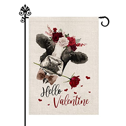 Welcome Valentine's Day Garden Flag Cow Rose Flower 12.5 x 18 Inch Vertical Double Sided Flag Holiday Outside Yard Decoration Anniversary Wedding Farmhouse Valentines Day Decor