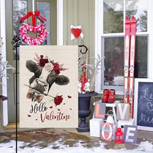 Welcome Valentine's Day Garden Flag Cow Rose Flower 12.5 x 18 Inch Vertical Double Sided Flag Holiday Outside Yard Decoration Anniversary Wedding Farmhouse Valentines Day Decor