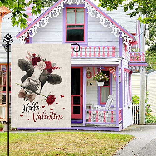 Welcome Valentine's Day Garden Flag Cow Rose Flower 12.5 x 18 Inch Vertical Double Sided Flag Holiday Outside Yard Decoration Anniversary Wedding Farmhouse Valentines Day Decor