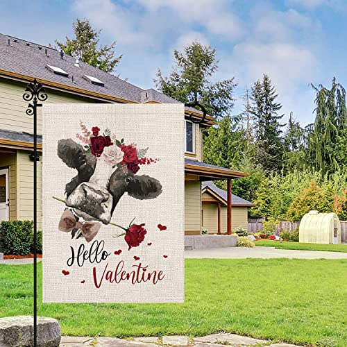 Welcome Valentine's Day Garden Flag Cow Rose Flower 12.5 x 18 Inch Vertical Double Sided Flag Holiday Outside Yard Decoration Anniversary Wedding Farmhouse Valentines Day Decor