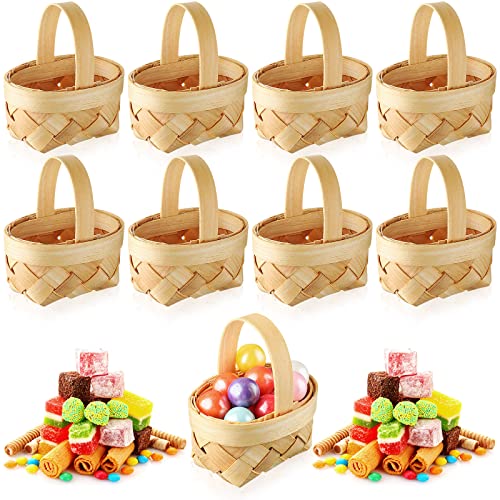 8 Pcs Mini Woven Basket with Handle Miniature Flower Basket Dollhouse Small Picnic Basket Party Favor Wood Weaving Basket Tiny Candy Gift Baskets for Fairy Garden Table Tree Hanging Decoration