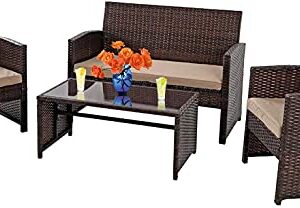 FDW 4 Pieces Rattan Wicker Conversation Set Lawn Chairs Porch Poolside Balcony Garden Outdoor Furniture,Brown