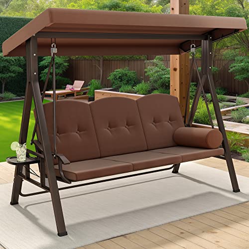 YITAHOME 3-Seat Deluxe Porch Swing Outdoor Heavy Duty Patio Swing Chair with Adjustable Canopy Removable Cushions Weather Resistant Steel Frame Suitable for Garden, Lawn, Backyard, Balcony, Brown