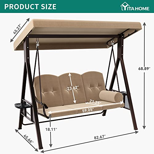 YITAHOME 3-Seat Deluxe Porch Swing Outdoor Heavy Duty Patio Swing Chair with Adjustable Canopy Removable Cushions Weather Resistant Steel Frame Suitable for Garden, Lawn, Backyard, Balcony, Brown