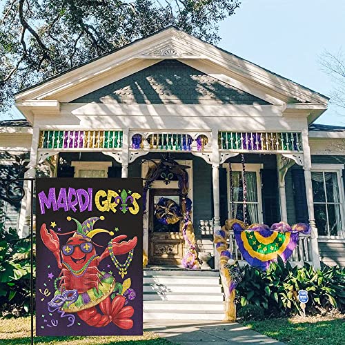 CROWNED BEAUTY Mardi Gras Burlap Garden Flag 12×18 Inch Double Sided Crawfish New Orleans Carnival Celebration Outside Vertical Holiday Yard Decoration