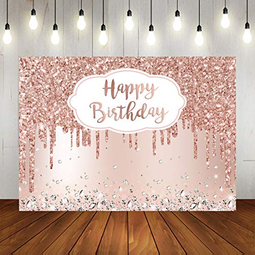 Pink Rose Golden Birthday Party Backdrop Glitter Diamonds Happy Birthday Background Girls Sweet 16 18th 21th Birthday Party Decorations Cake Table Banner Supplies 7x5ft