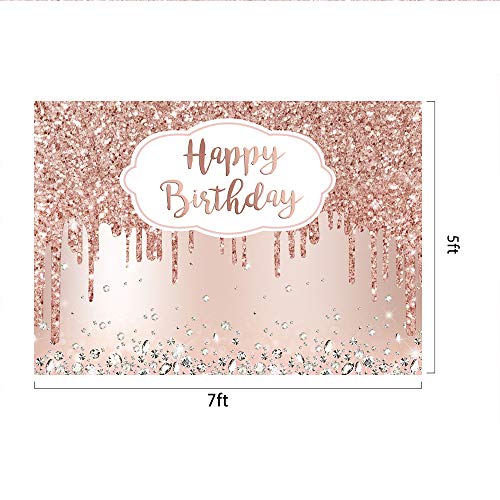 Pink Rose Golden Birthday Party Backdrop Glitter Diamonds Happy Birthday Background Girls Sweet 16 18th 21th Birthday Party Decorations Cake Table Banner Supplies 7x5ft
