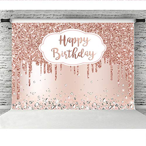 Pink Rose Golden Birthday Party Backdrop Glitter Diamonds Happy Birthday Background Girls Sweet 16 18th 21th Birthday Party Decorations Cake Table Banner Supplies 7x5ft