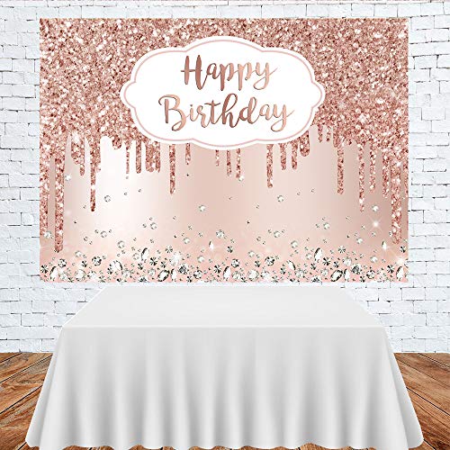 Pink Rose Golden Birthday Party Backdrop Glitter Diamonds Happy Birthday Background Girls Sweet 16 18th 21th Birthday Party Decorations Cake Table Banner Supplies 7x5ft