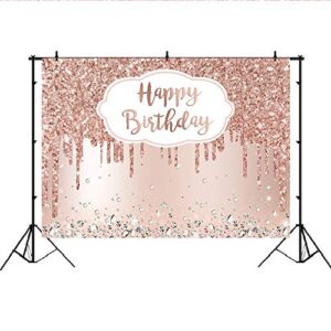 Pink Rose Golden Birthday Party Backdrop Glitter Diamonds Happy Birthday Background Girls Sweet 16 18th 21th Birthday Party Decorations Cake Table Banner Supplies 7x5ft