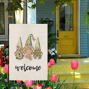 Spring Welcome Gnomes Garden Flag Burlap Summer Outdoor Decorations Double Sided Vertical Farmhouse Flags Yard Decor 12.5 x 18 Inch