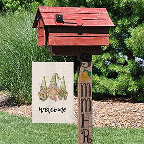 Spring Welcome Gnomes Garden Flag Burlap Summer Outdoor Decorations Double Sided Vertical Farmhouse Flags Yard Decor 12.5 x 18 Inch
