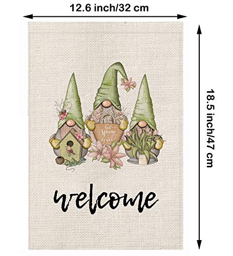 Spring Welcome Gnomes Garden Flag Burlap Summer Outdoor Decorations Double Sided Vertical Farmhouse Flags Yard Decor 12.5 x 18 Inch