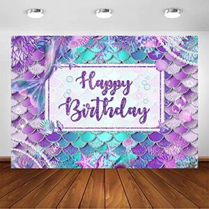 avezano mermaid birthday backdrop for girl under the sea bday party photography background glitter purple green aqua pink mermaid tail birthday party decoration photoshoot (7x5ft, silver glitter)