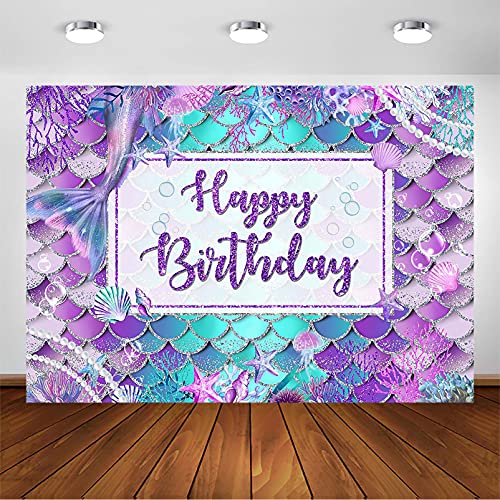 Avezano Mermaid Birthday Backdrop for Girl Under The Sea Bday Party Photography Background Glitter Purple Green Aqua Pink Mermaid Tail Birthday Party Decoration Photoshoot (7x5ft, Silver Glitter)